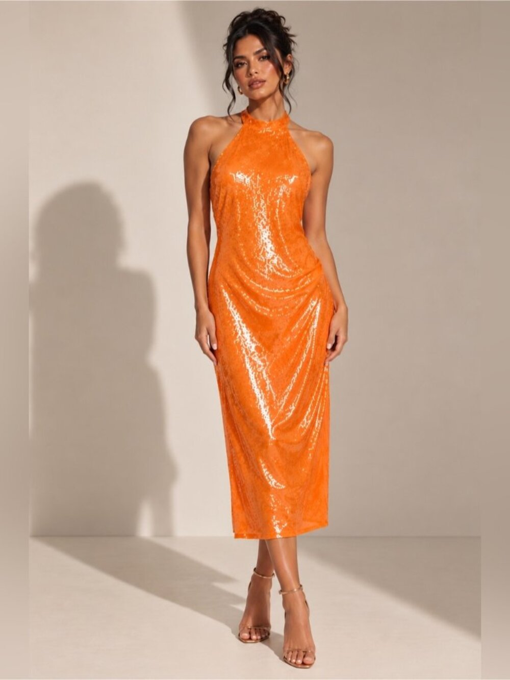 Caroline Constas Orange Sequin Midi Dress Size S